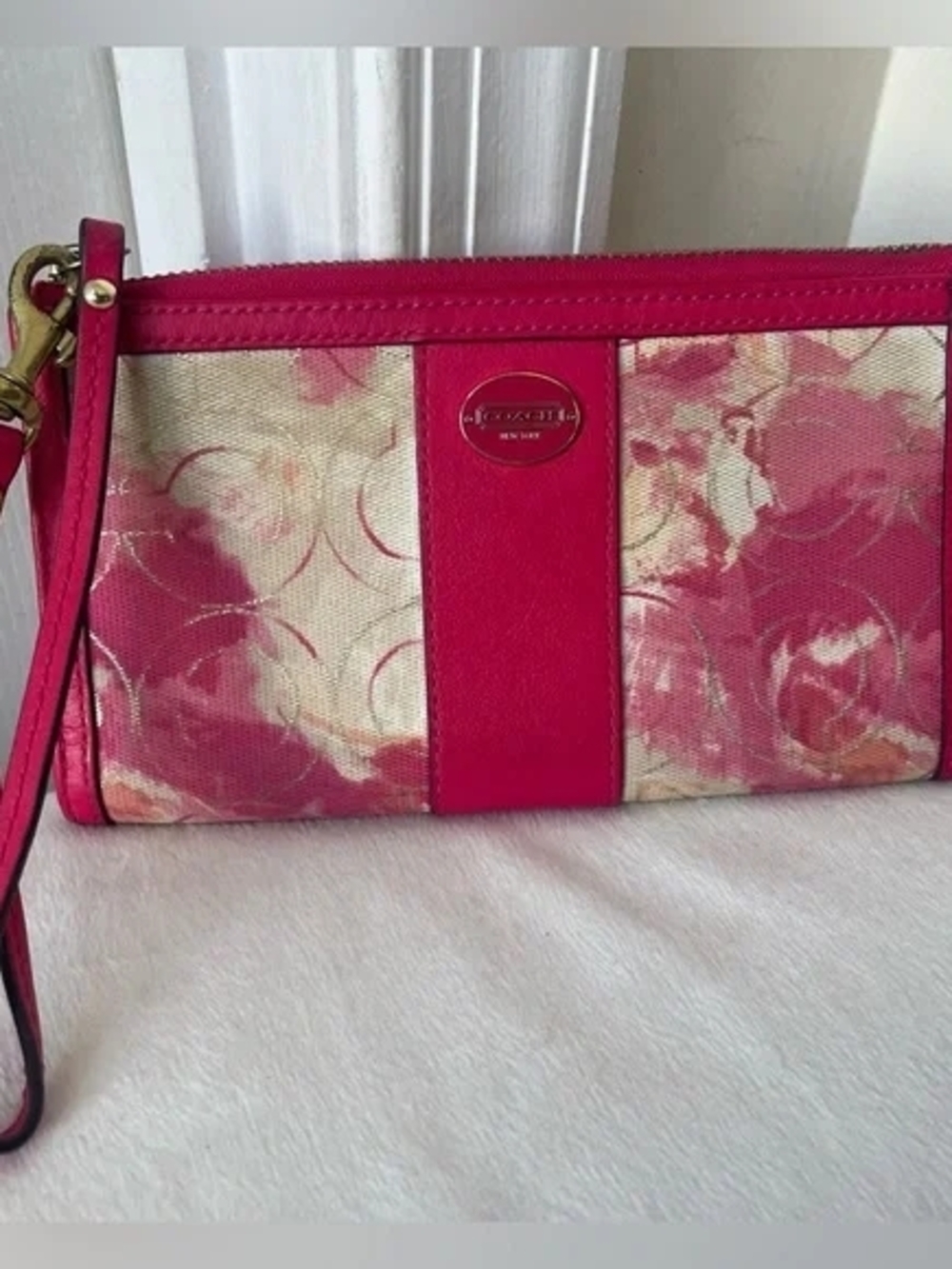 COACH Wristlet Pink Floral Canvas  with Leather Trim